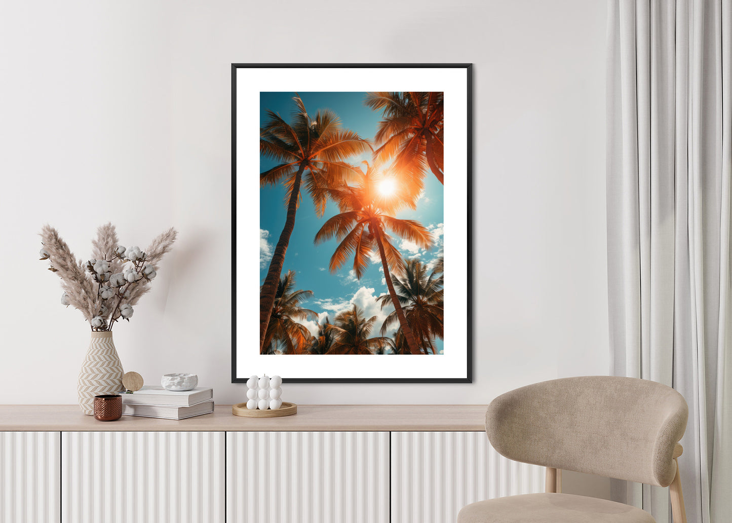 Poster Die Sonne Scheint Durch Hohe Palmen Rahmen Holz Mit Passepartout Farbe Natürlich