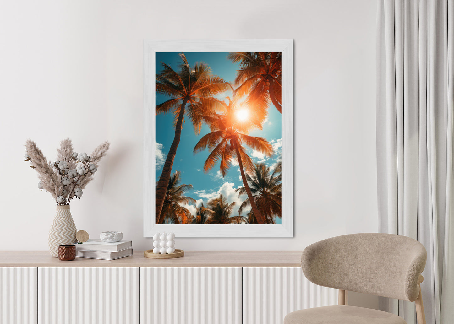 Poster Die Sonne Scheint Durch Hohe Palmen Rahmen Holz Mit Passepartout Farbe Natürlich
