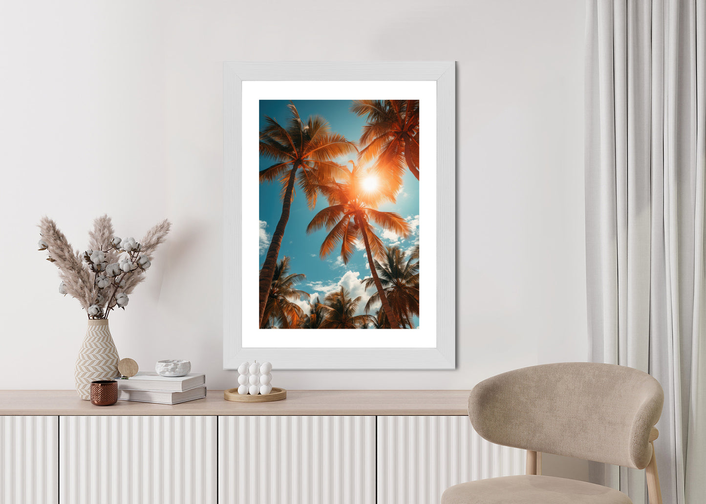 Poster Die Sonne Scheint Durch Hohe Palmen Rahmen Holz Mit Passepartout Farbe Natürlich