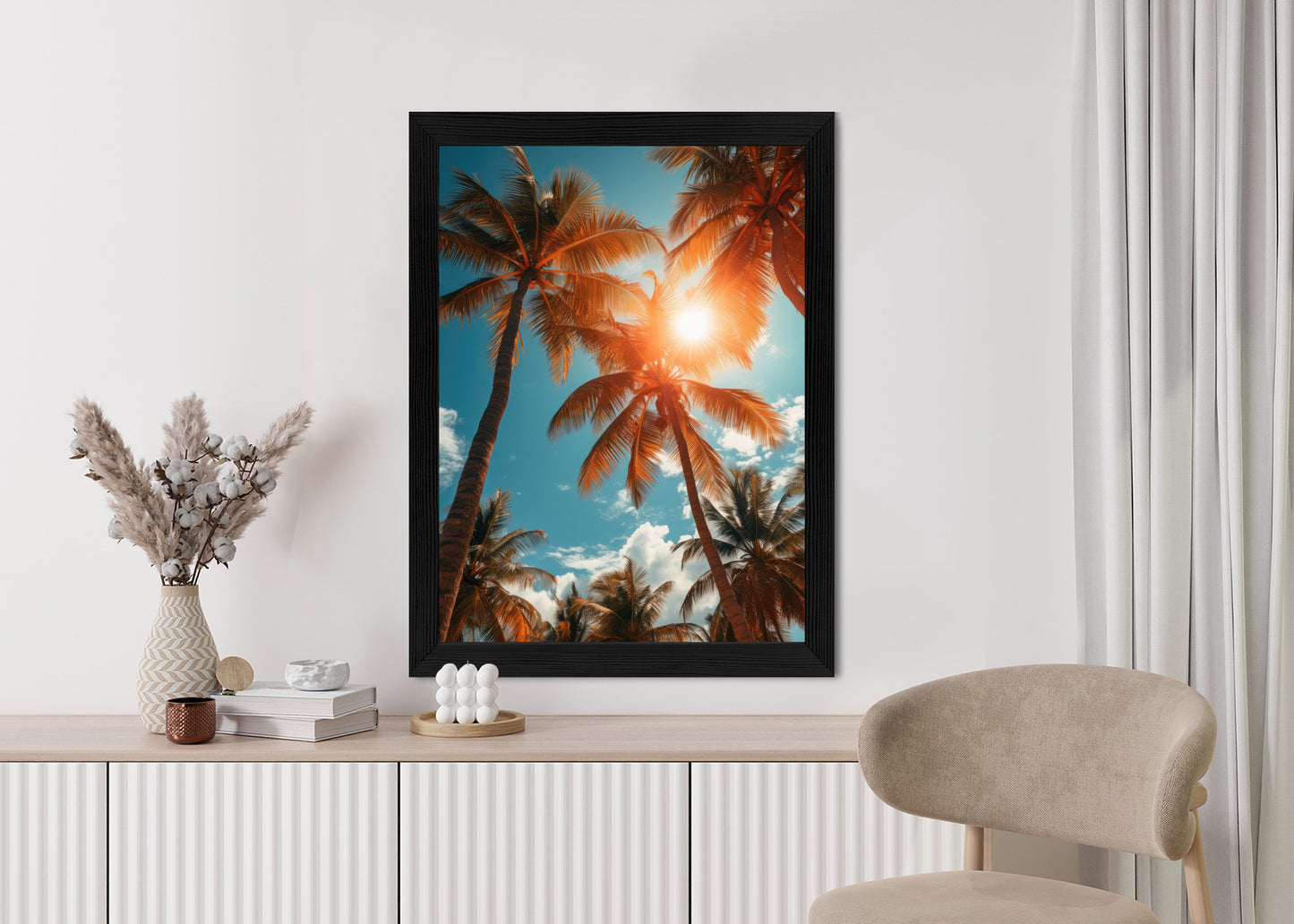 Poster Die Sonne Scheint Durch Hohe Palmen Rahmen Holz Mit Passepartout Farbe Natürlich