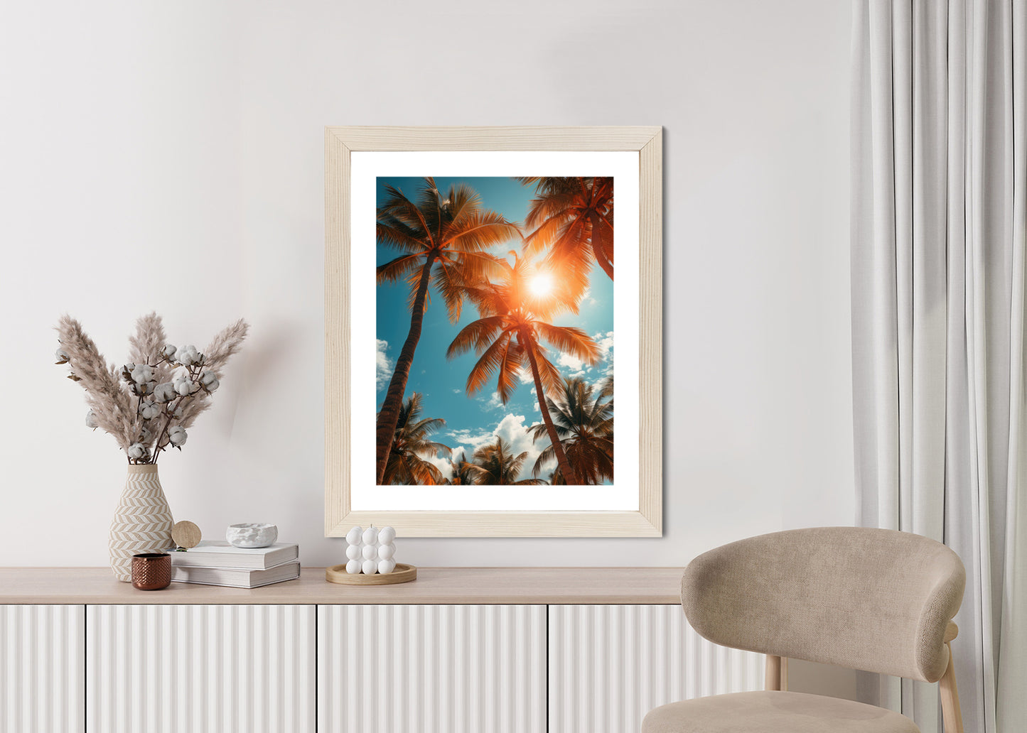 Poster Die Sonne Scheint Durch Hohe Palmen Rahmen Holz Mit Passepartout Farbe Natürlich
