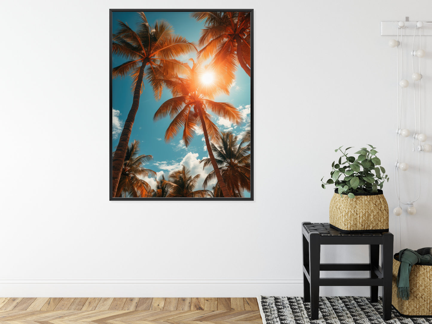 Poster Die Sonne Scheint Durch Hohe Palmen Rahmen Holz Mit Passepartout Farbe Natürlich