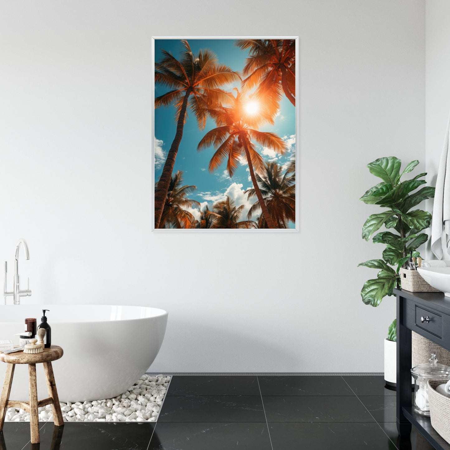 Poster Die Sonne Scheint Durch Hohe Palmen Rahmen Holz Mit Passepartout Farbe Natürlich