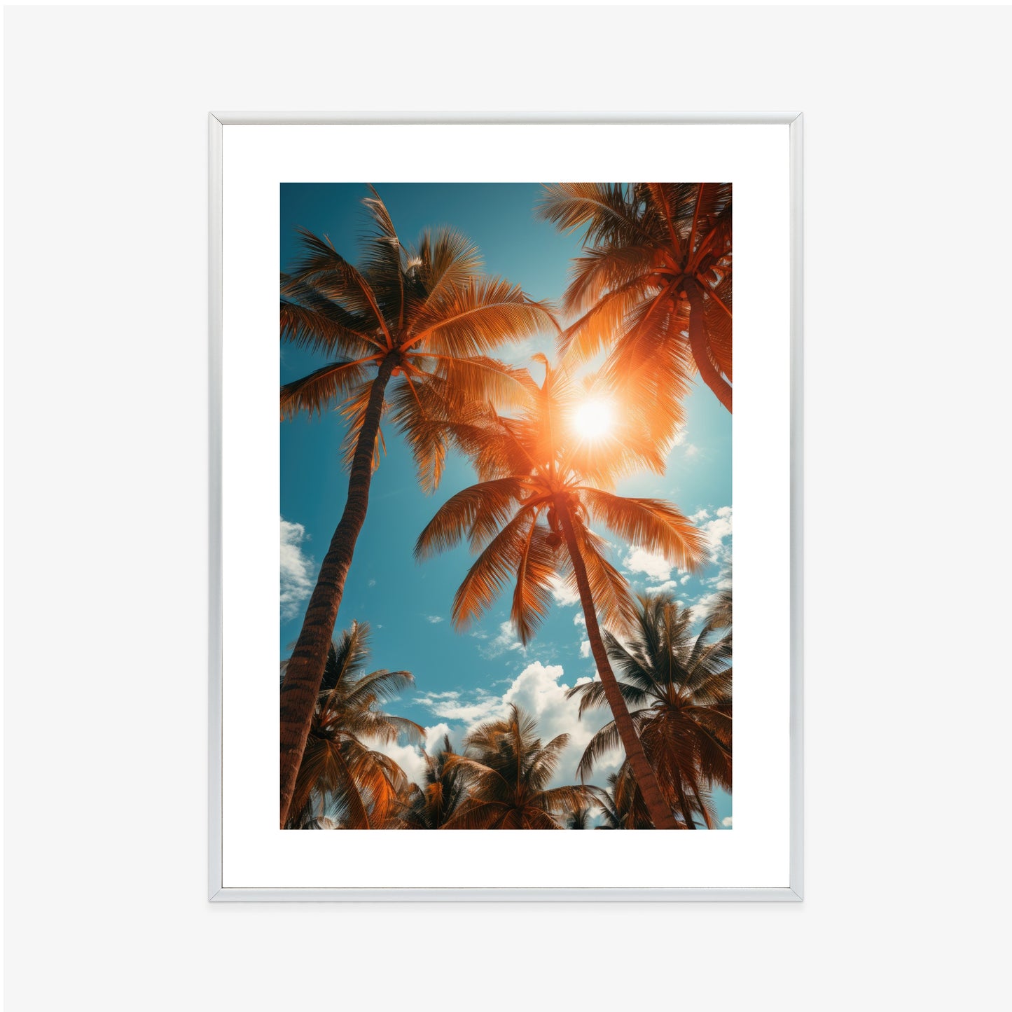 Poster Die Sonne Scheint Durch Hohe Palmen Rahmen Holz Mit Passepartout Farbe Natürlich