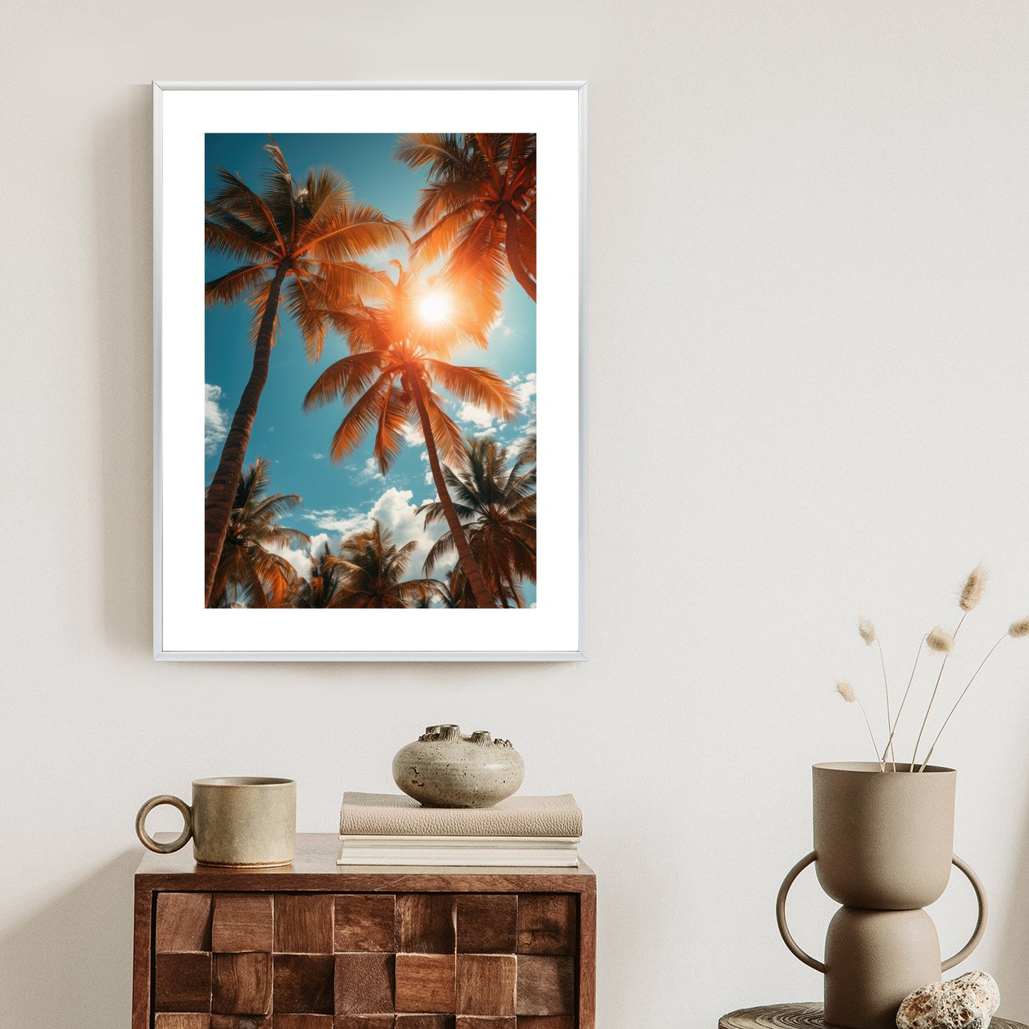 Poster Die Sonne Scheint Durch Hohe Palmen Rahmen Holz Mit Passepartout Farbe Natürlich