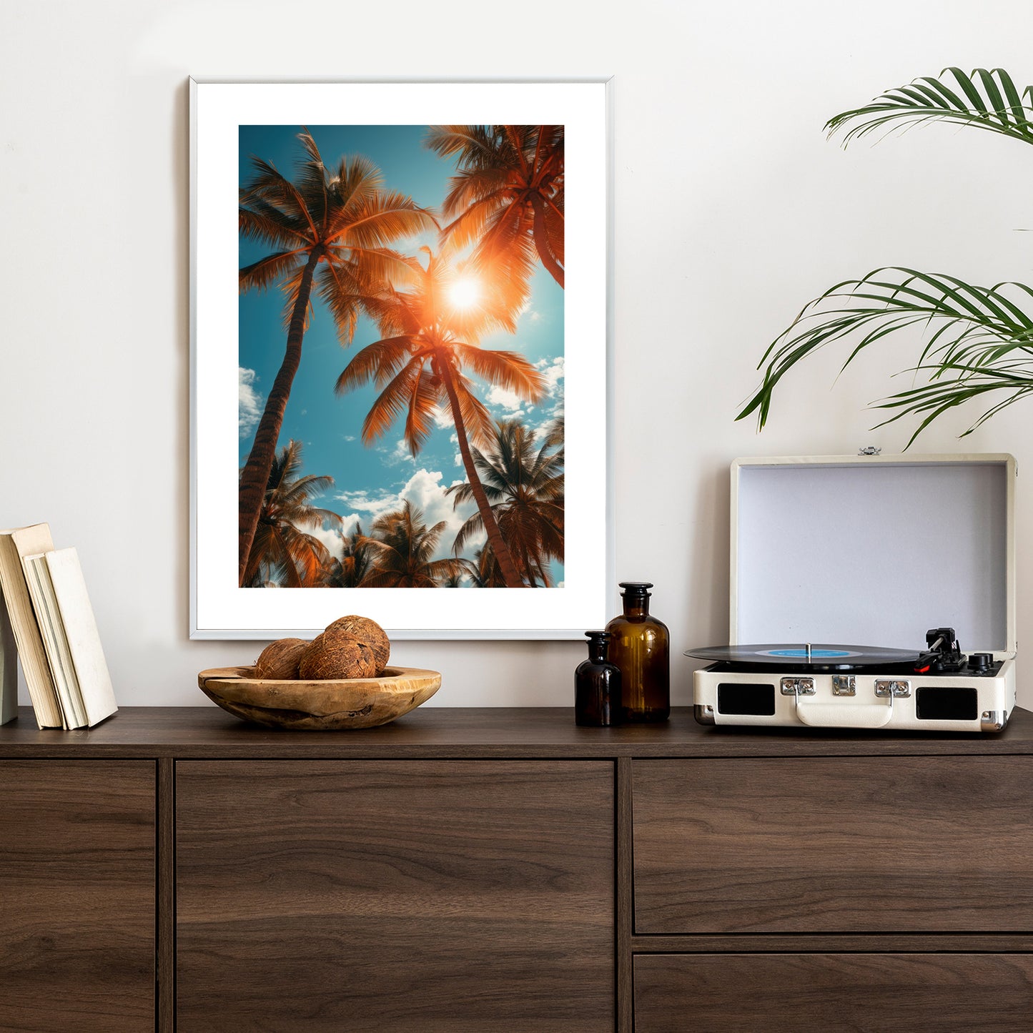 Poster Die Sonne Scheint Durch Hohe Palmen Rahmen Holz Mit Passepartout Farbe Natürlich