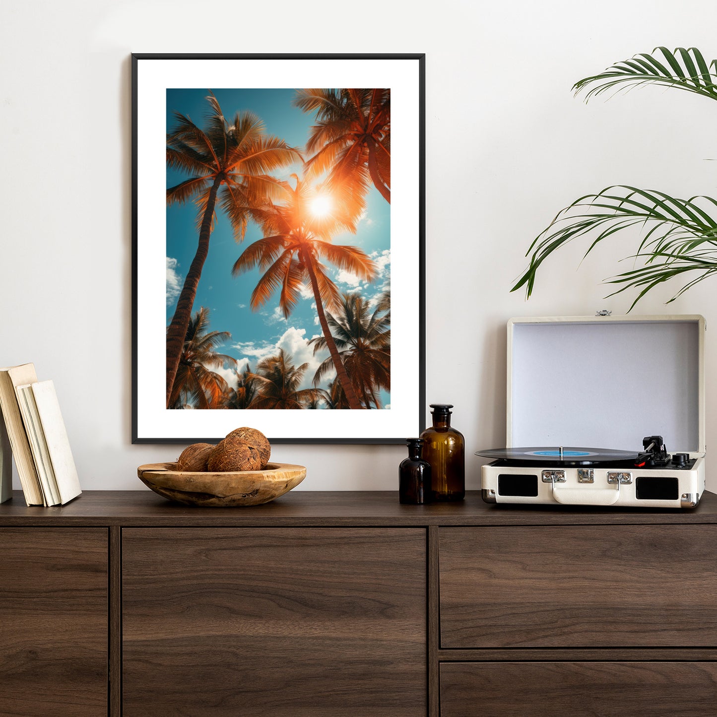 Poster Die Sonne Scheint Durch Hohe Palmen Rahmen Holz Mit Passepartout Farbe Natürlich