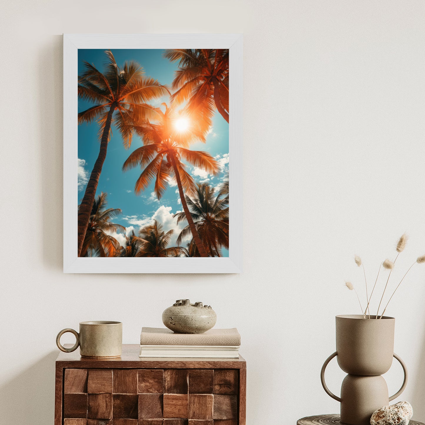 Poster Die Sonne Scheint Durch Hohe Palmen Rahmen Holz Mit Passepartout Farbe Natürlich