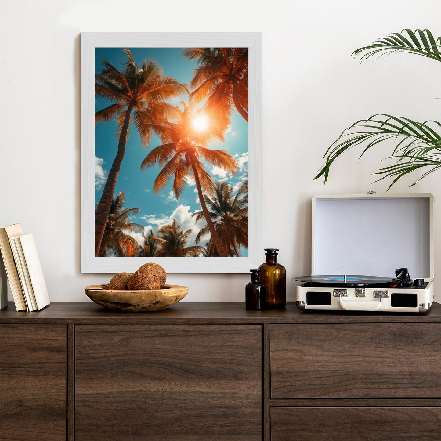 Poster Die Sonne Scheint Durch Hohe Palmen Rahmen Holz Mit Passepartout Farbe Natürlich