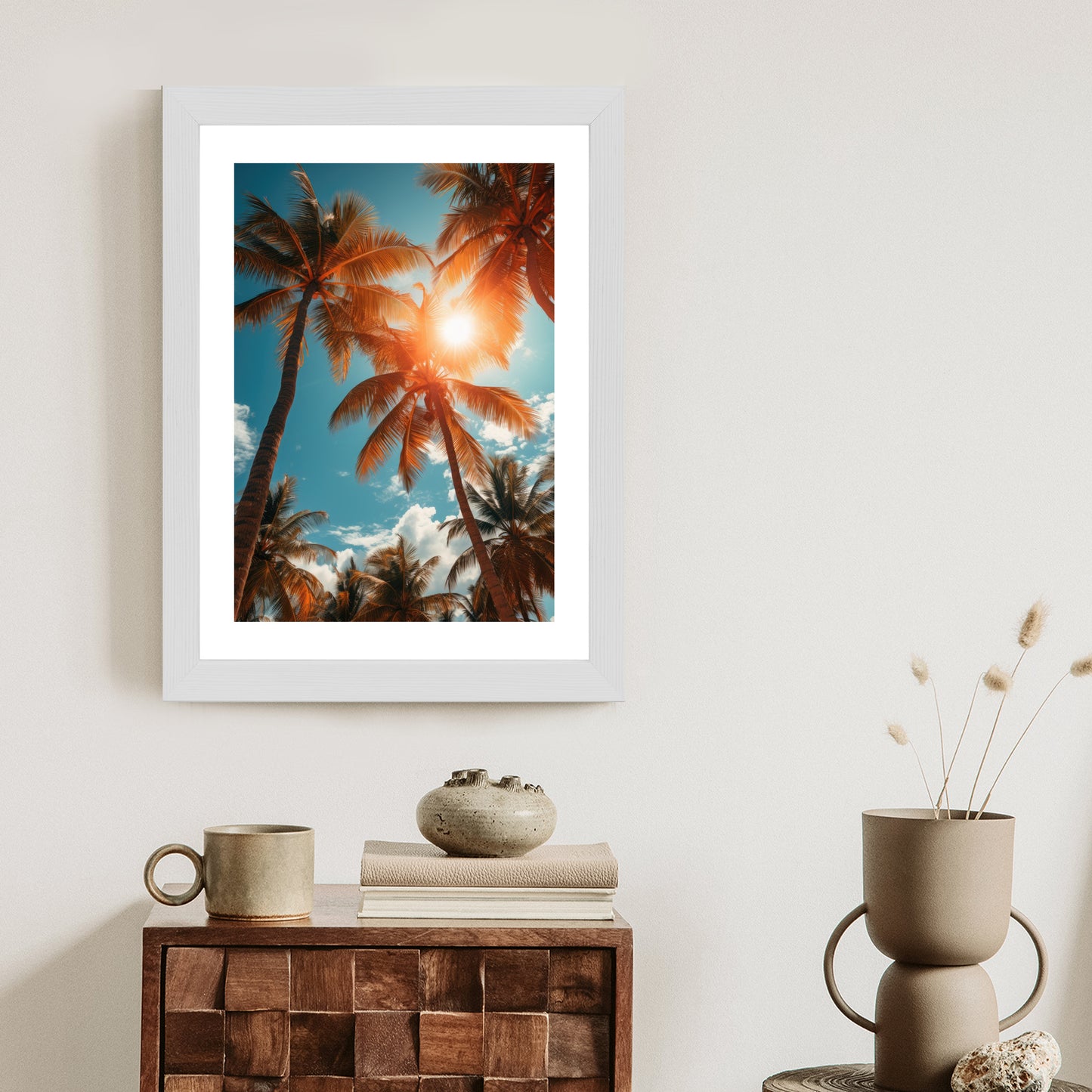 Poster Die Sonne Scheint Durch Hohe Palmen Rahmen Holz Mit Passepartout Farbe Natürlich