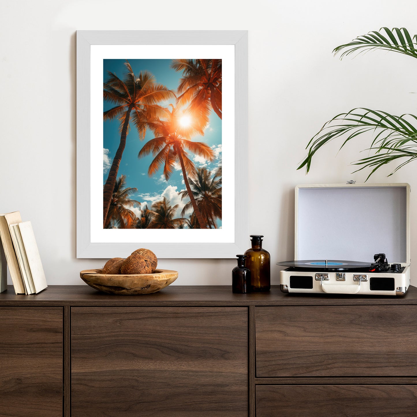 Poster Die Sonne Scheint Durch Hohe Palmen Rahmen Holz Mit Passepartout Farbe Natürlich