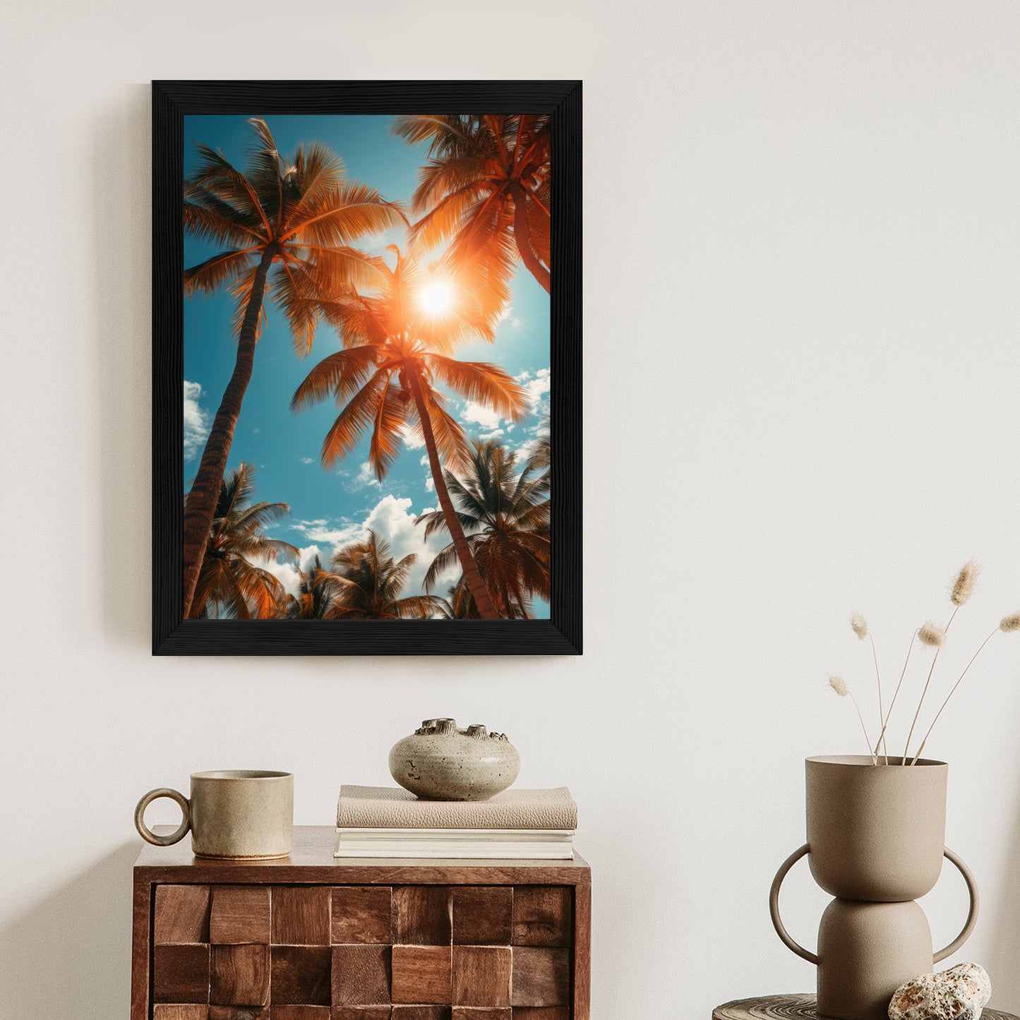 Poster Die Sonne Scheint Durch Hohe Palmen Rahmen Holz Mit Passepartout Farbe Natürlich