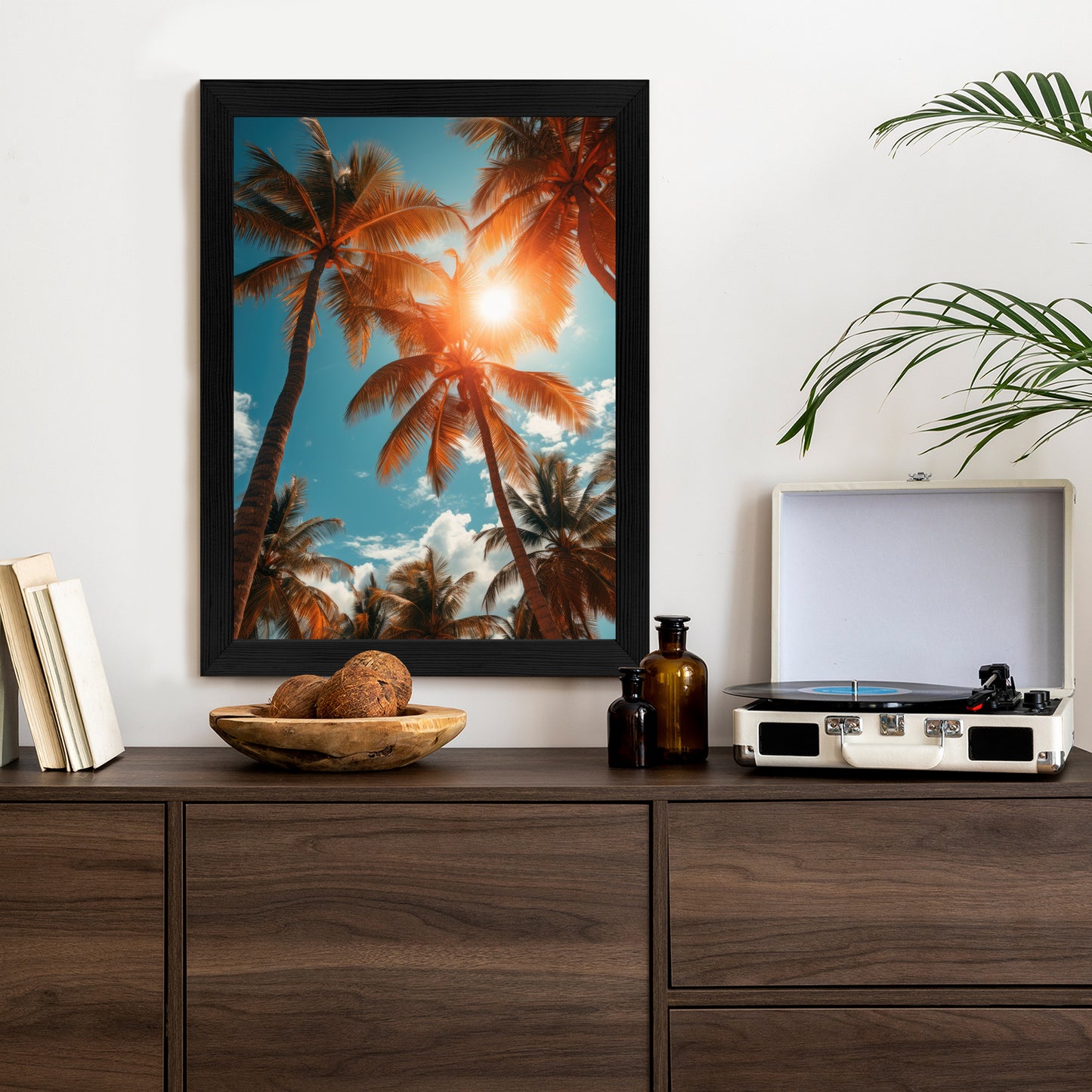 Poster Die Sonne Scheint Durch Hohe Palmen Rahmen Holz Mit Passepartout Farbe Natürlich