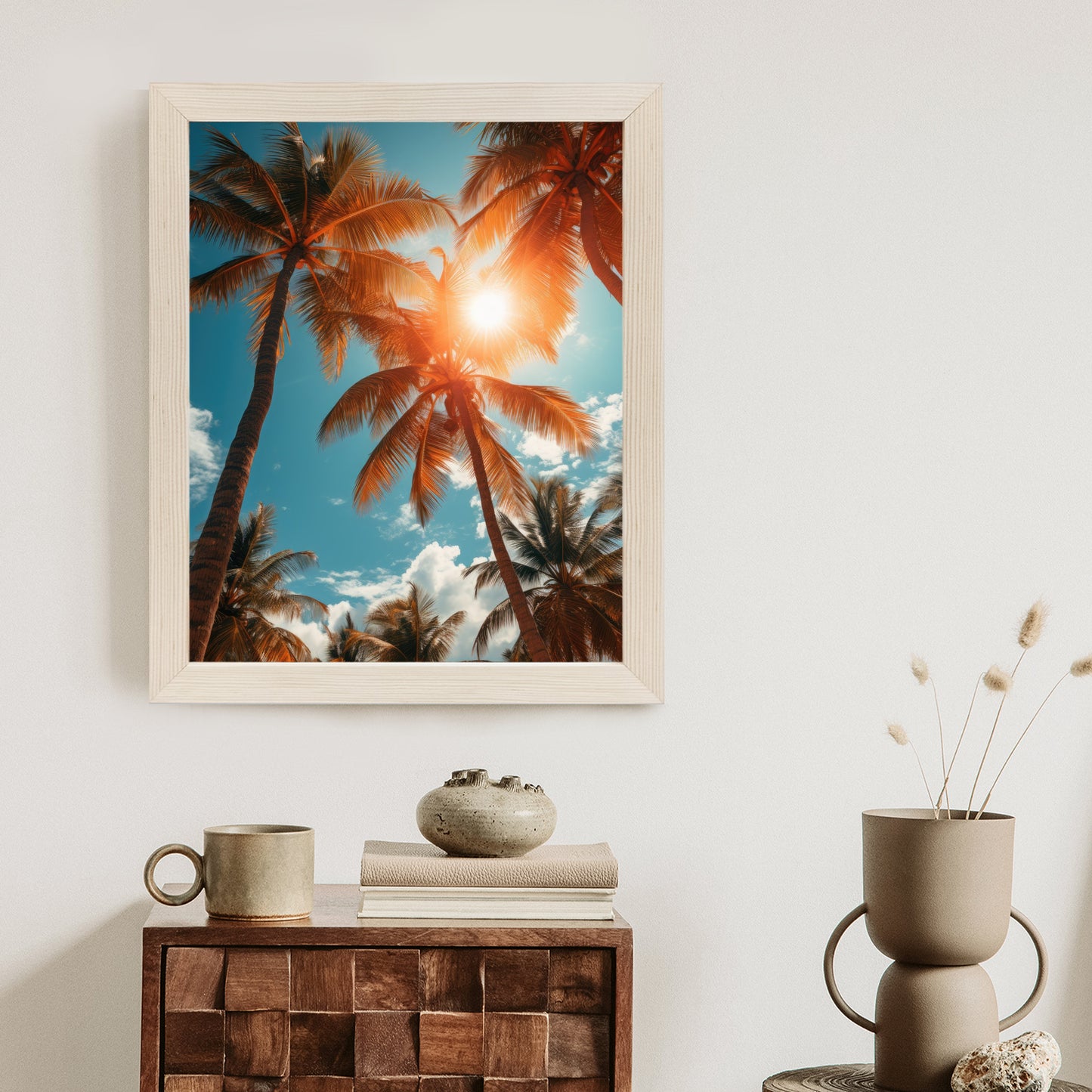 Poster Die Sonne Scheint Durch Hohe Palmen Rahmen Holz Mit Passepartout Farbe Natürlich