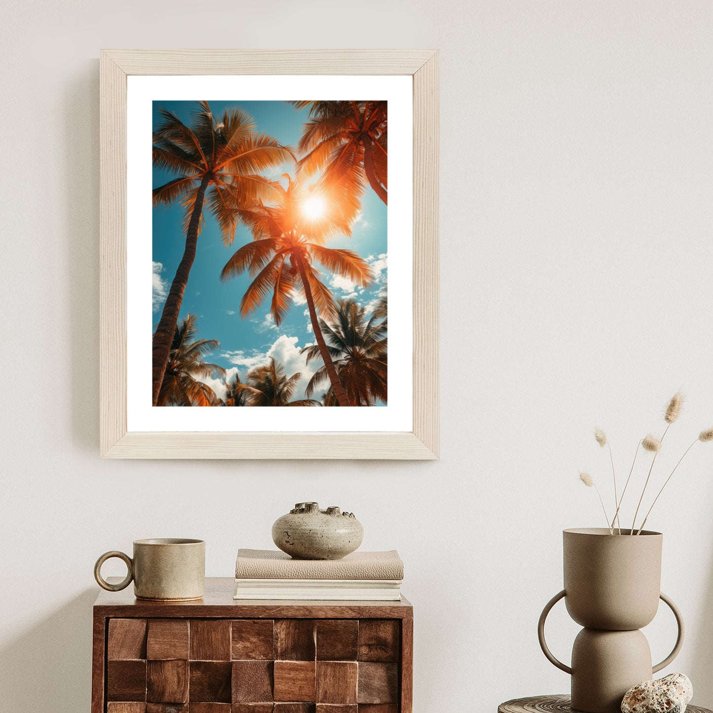 Poster Die Sonne Scheint Durch Hohe Palmen Rahmen Holz Mit Passepartout Farbe Natürlich