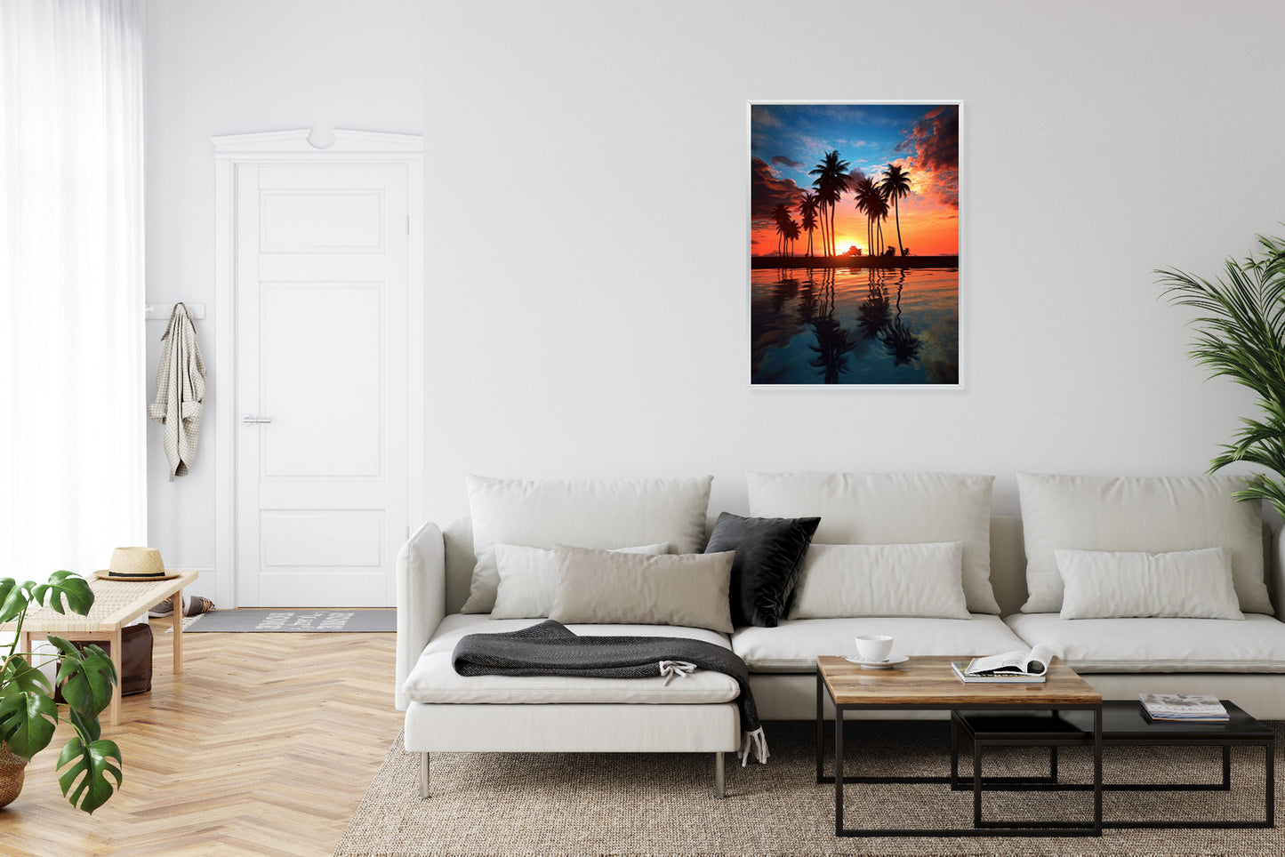 Poster Das Meer Und Die Palmen In Orange Und Marineblau