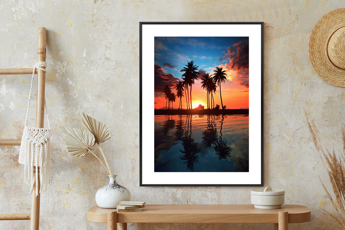 Poster Das Meer Und Die Palmen In Orange Und Marineblau