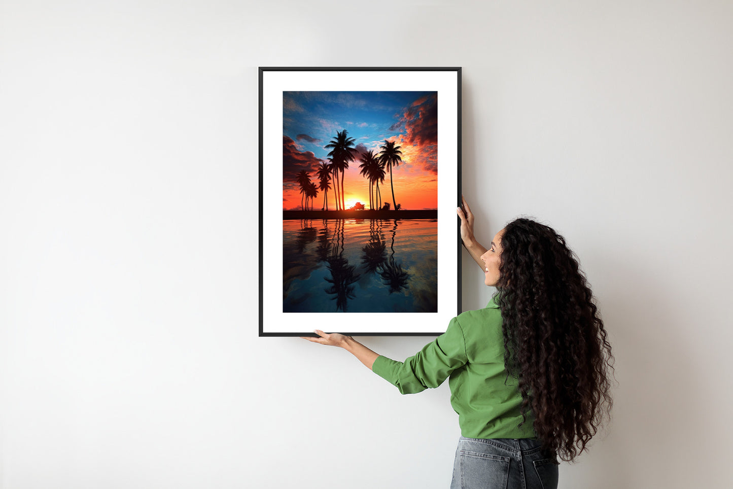 Poster Das Meer Und Die Palmen In Orange Und Marineblau