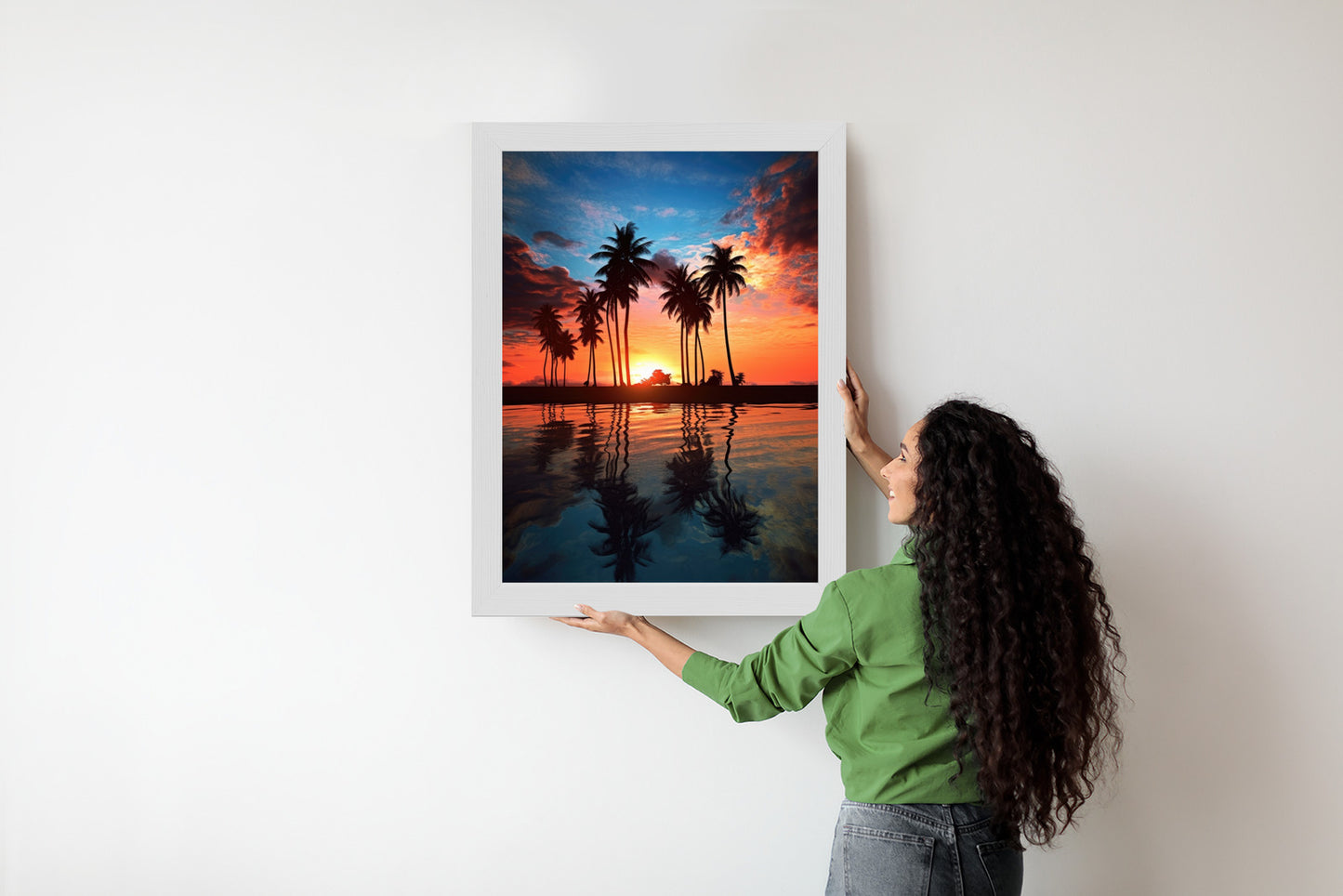 Poster Das Meer Und Die Palmen In Orange Und Marineblau