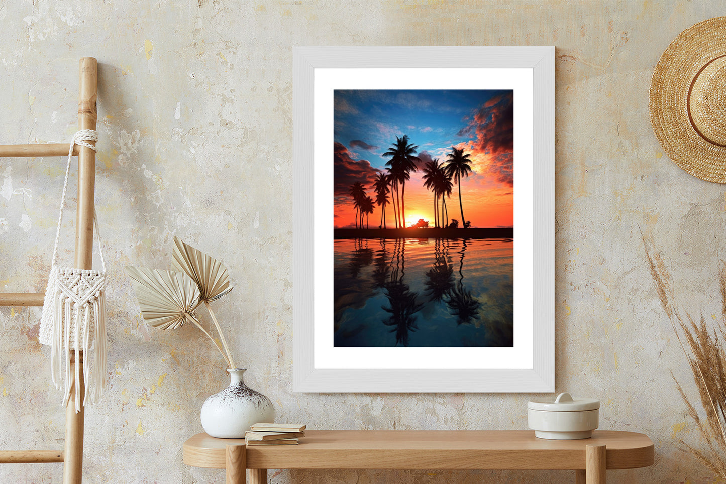 Poster Das Meer Und Die Palmen In Orange Und Marineblau