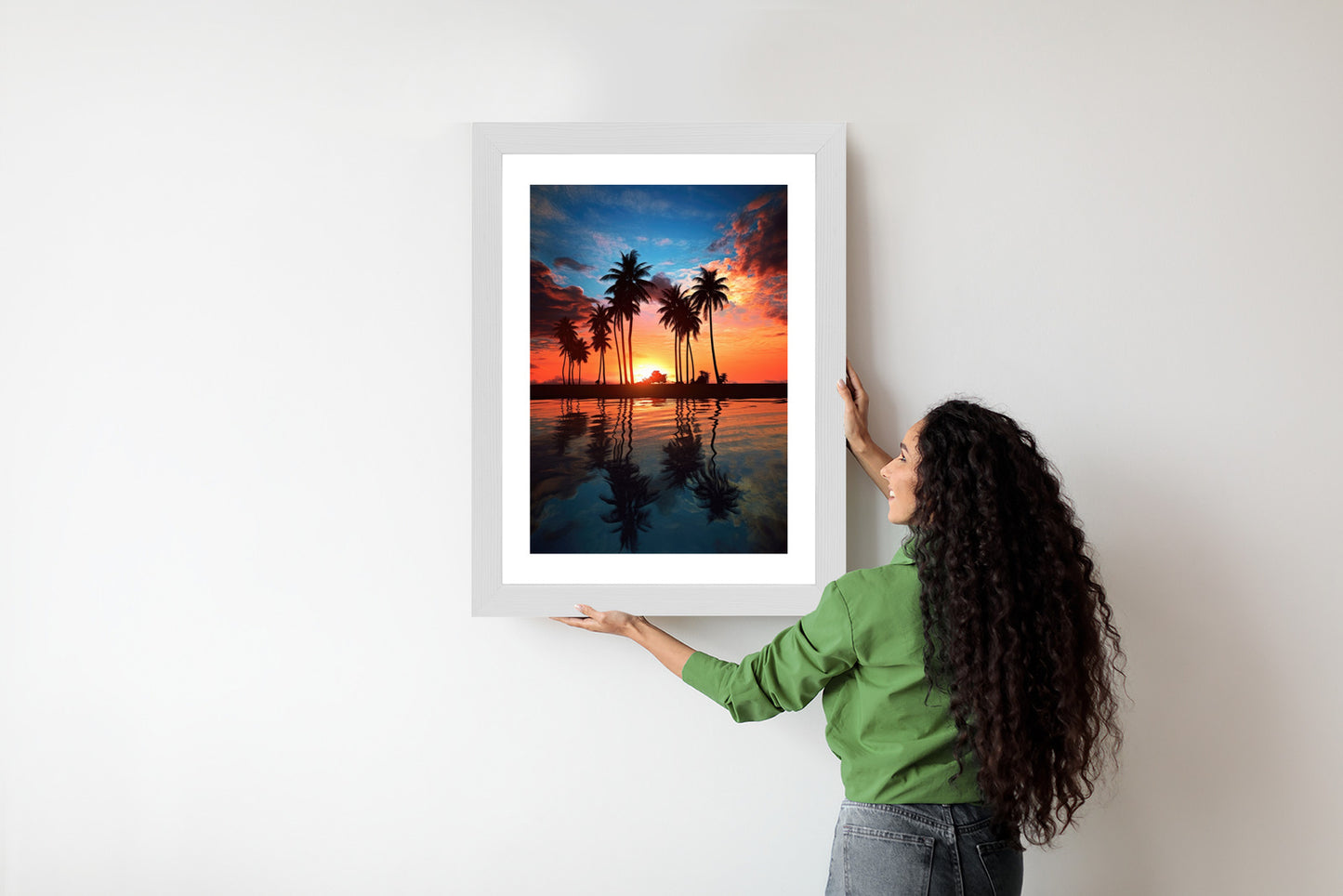 Poster Das Meer Und Die Palmen In Orange Und Marineblau