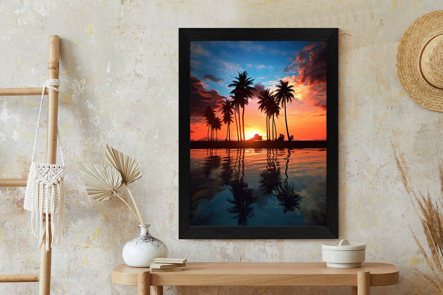 Poster Das Meer Und Die Palmen In Orange Und Marineblau