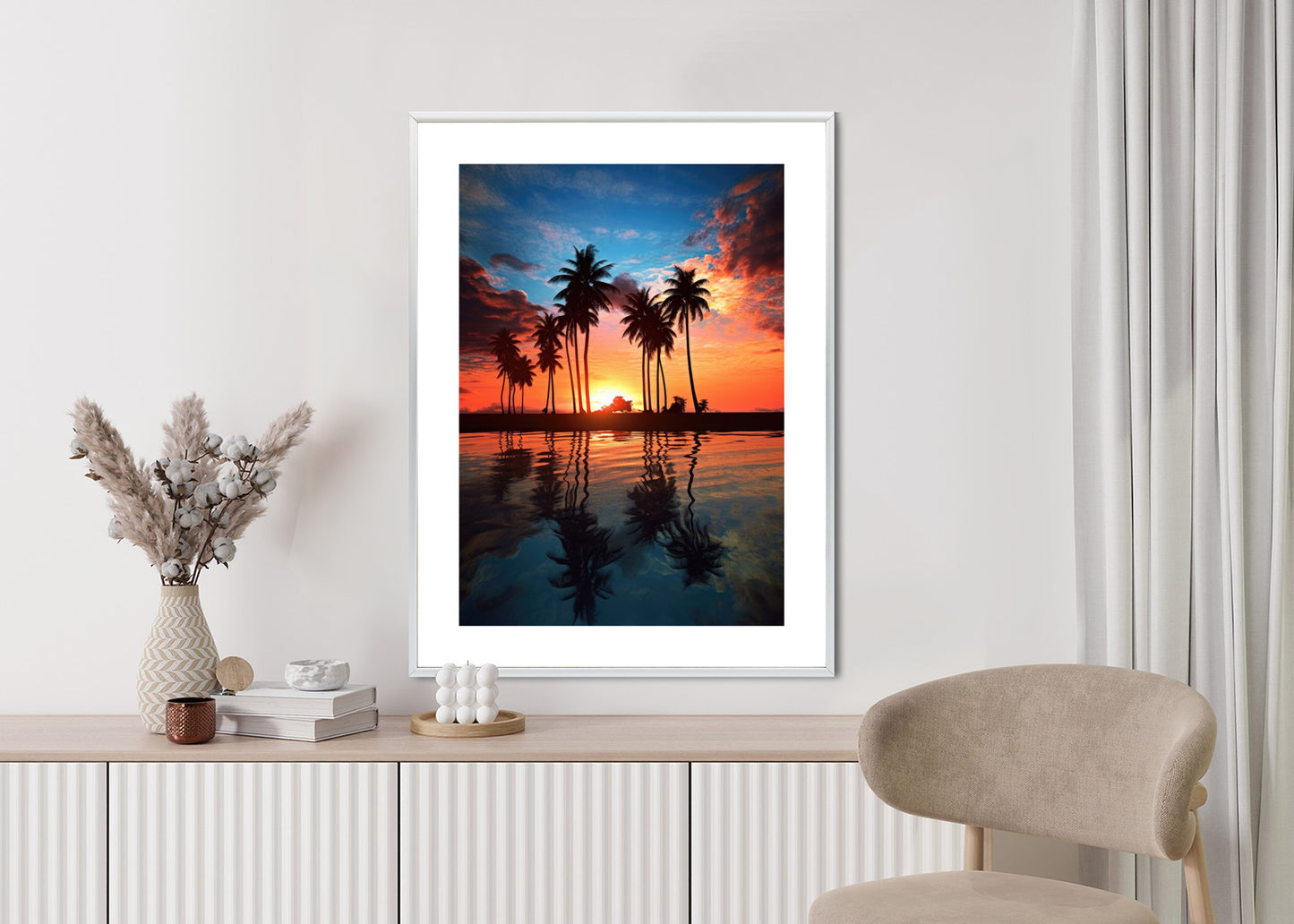 Poster Das Meer Und Die Palmen In Orange Und Marineblau
