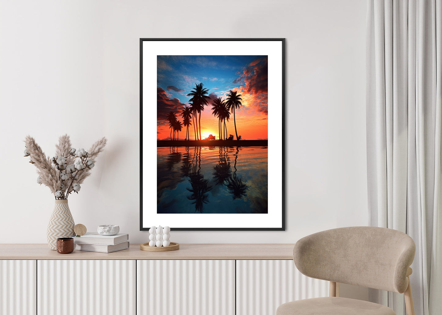 Poster Das Meer Und Die Palmen In Orange Und Marineblau