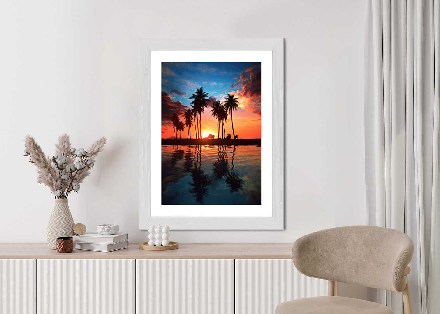 Poster Das Meer Und Die Palmen In Orange Und Marineblau