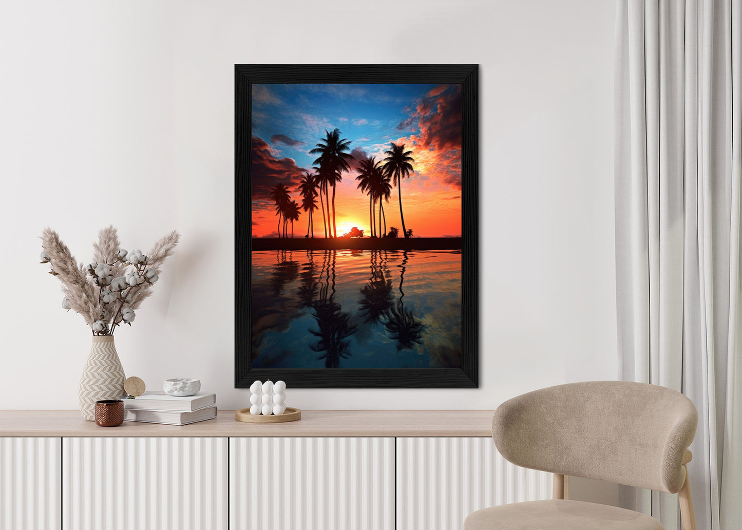 Poster Das Meer Und Die Palmen In Orange Und Marineblau