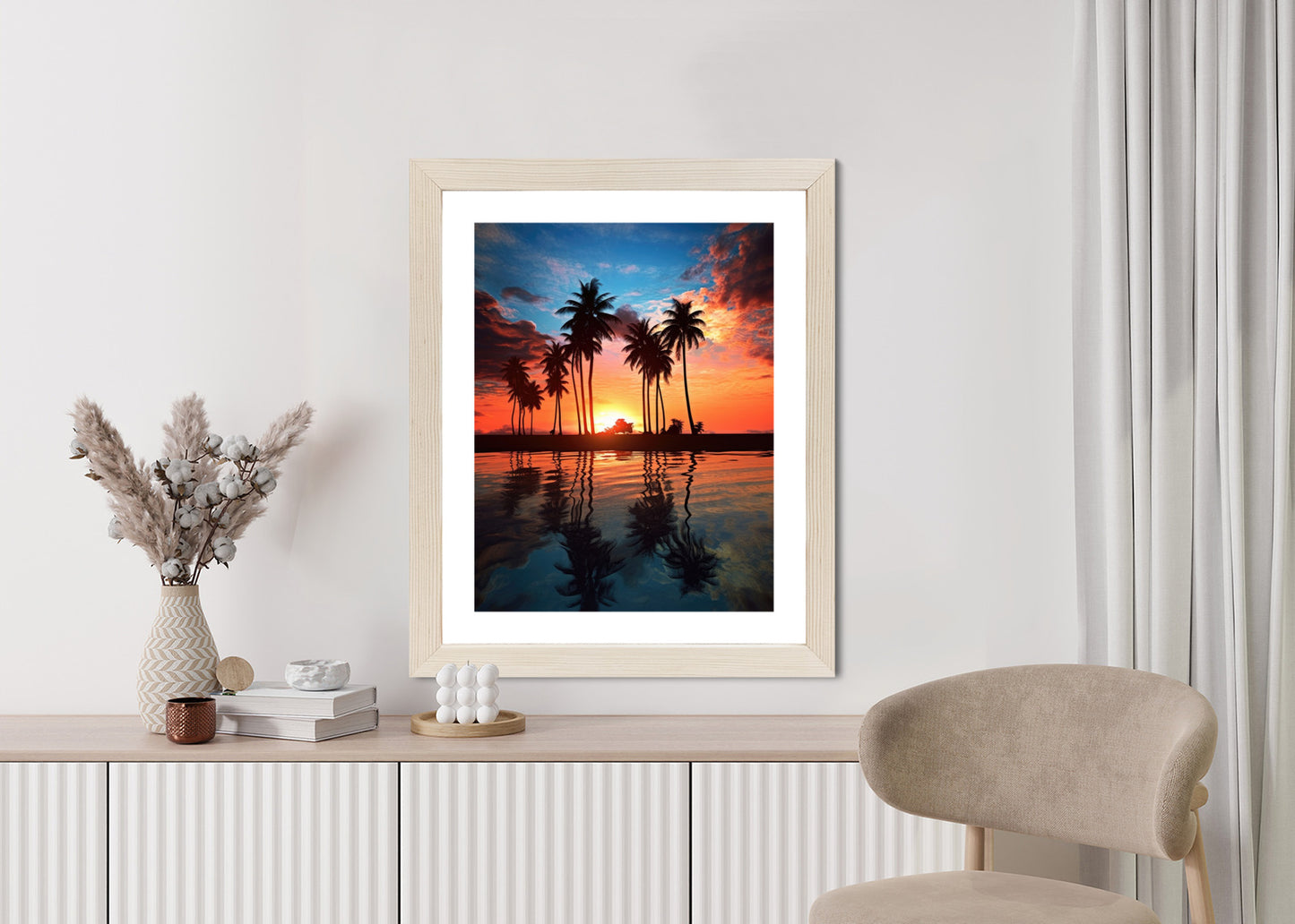 Poster Das Meer Und Die Palmen In Orange Und Marineblau