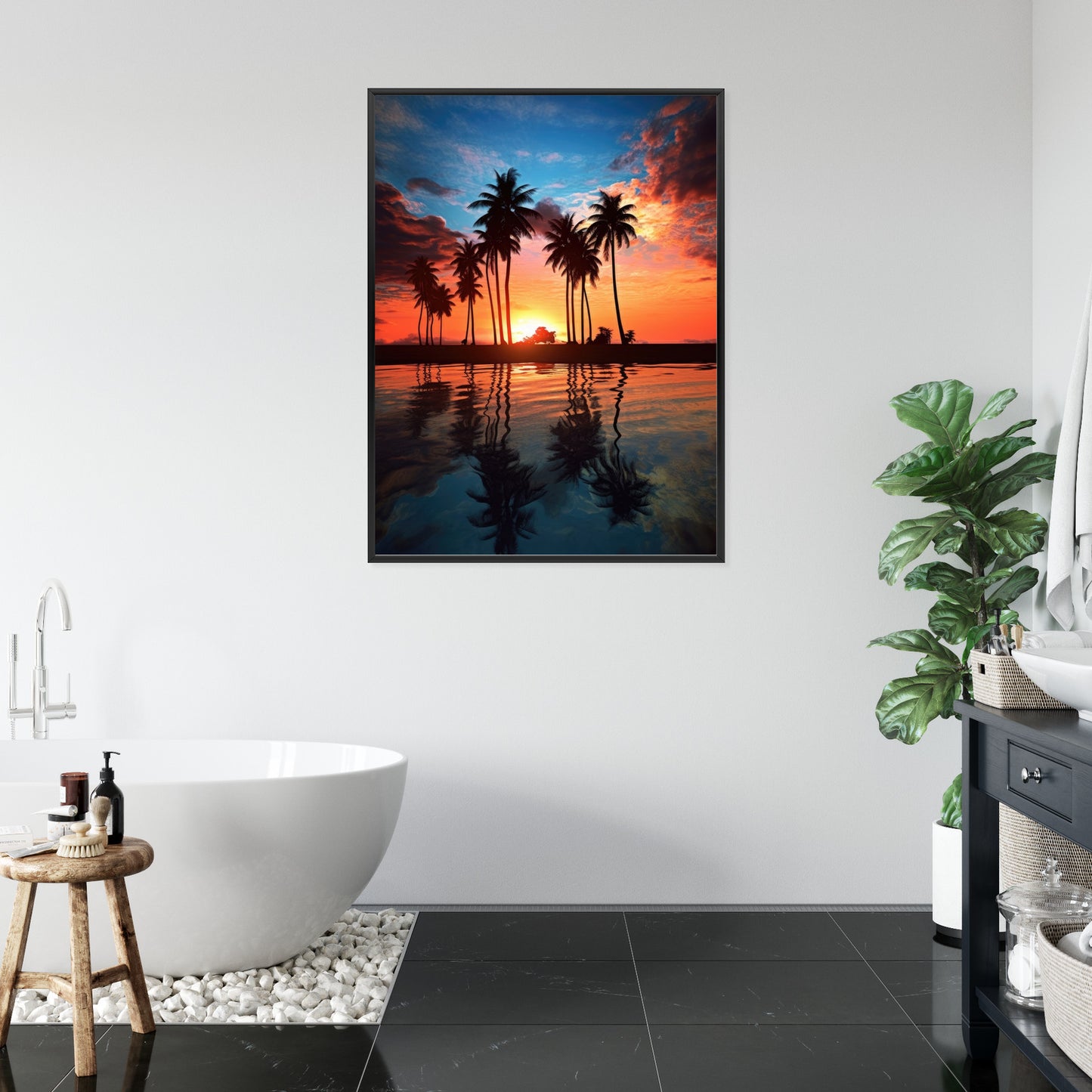 Poster Das Meer Und Die Palmen In Orange Und Marineblau