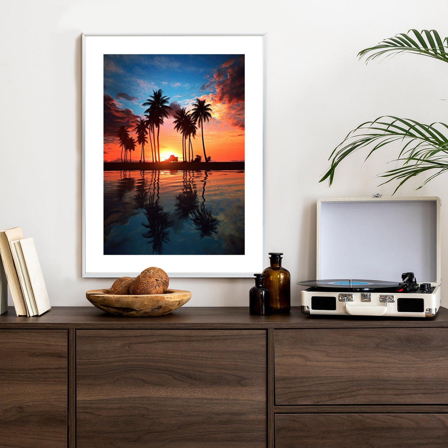 Poster Das Meer Und Die Palmen In Orange Und Marineblau