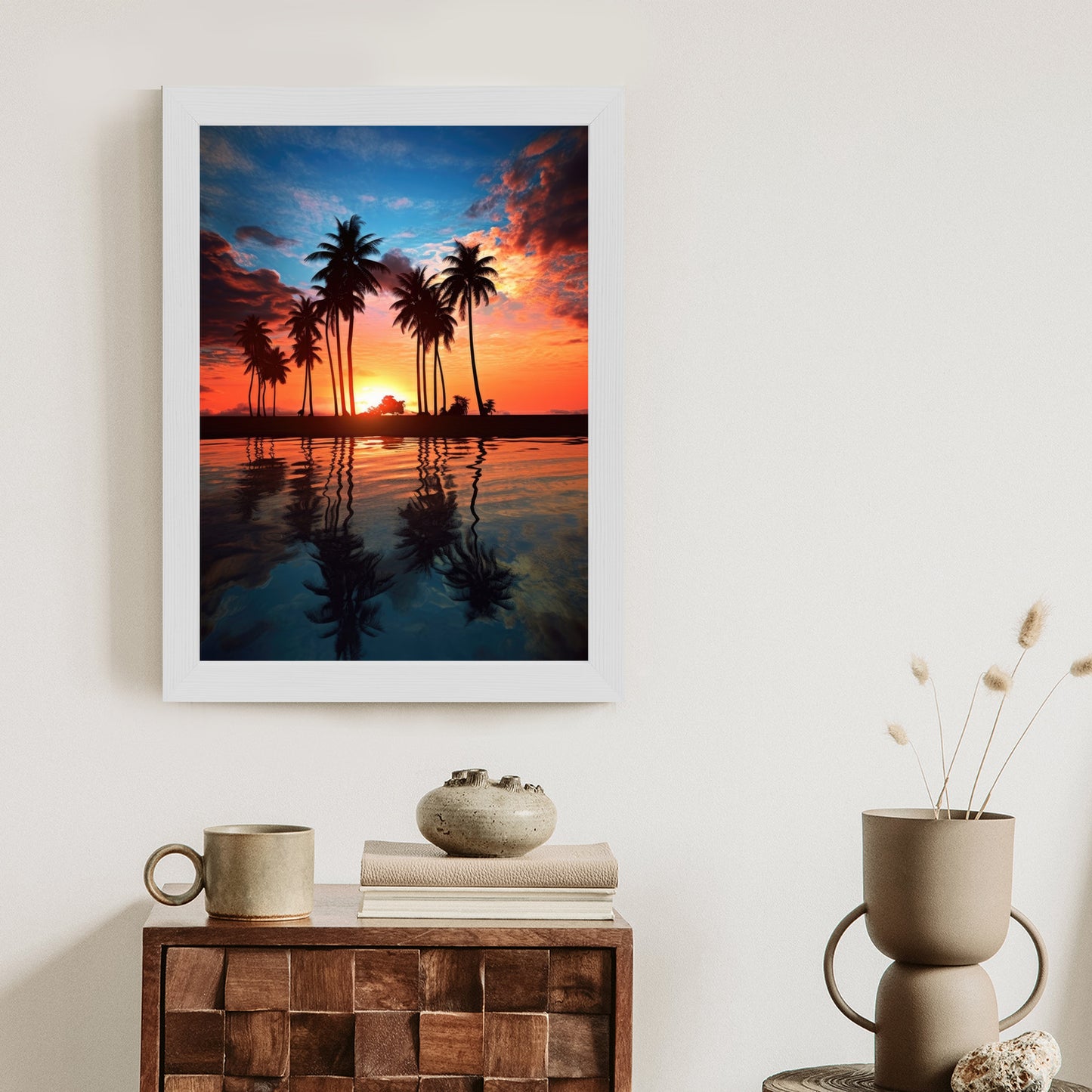 Poster Das Meer Und Die Palmen In Orange Und Marineblau