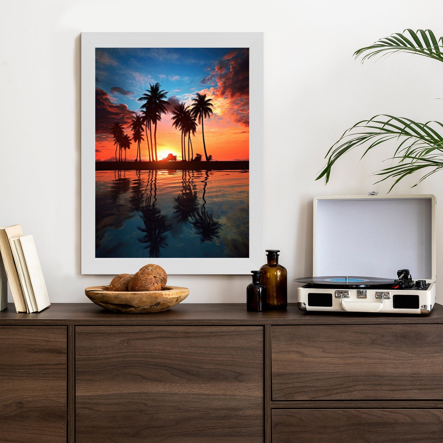 Poster Das Meer Und Die Palmen In Orange Und Marineblau