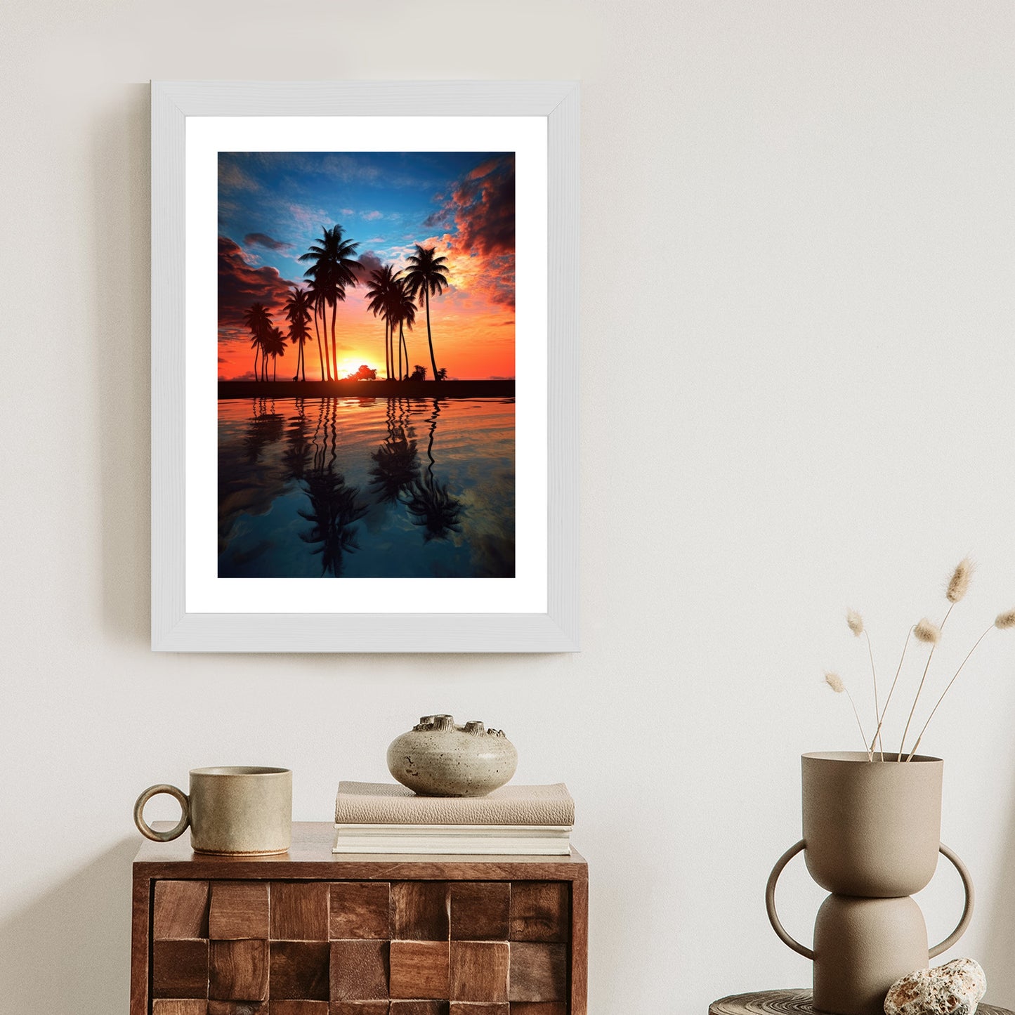 Poster Das Meer Und Die Palmen In Orange Und Marineblau