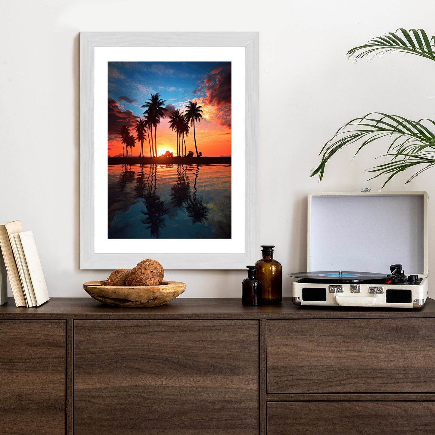 Poster Das Meer Und Die Palmen In Orange Und Marineblau