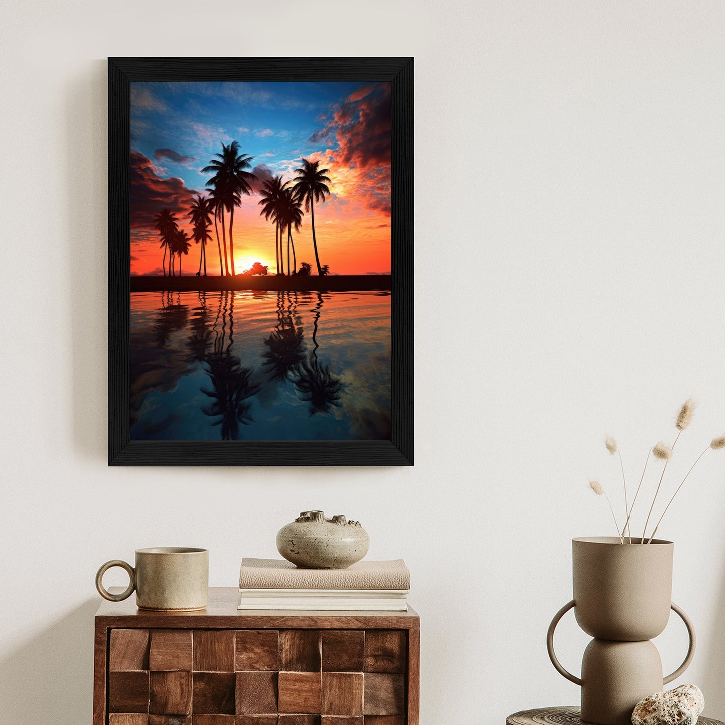 Poster Das Meer Und Die Palmen In Orange Und Marineblau