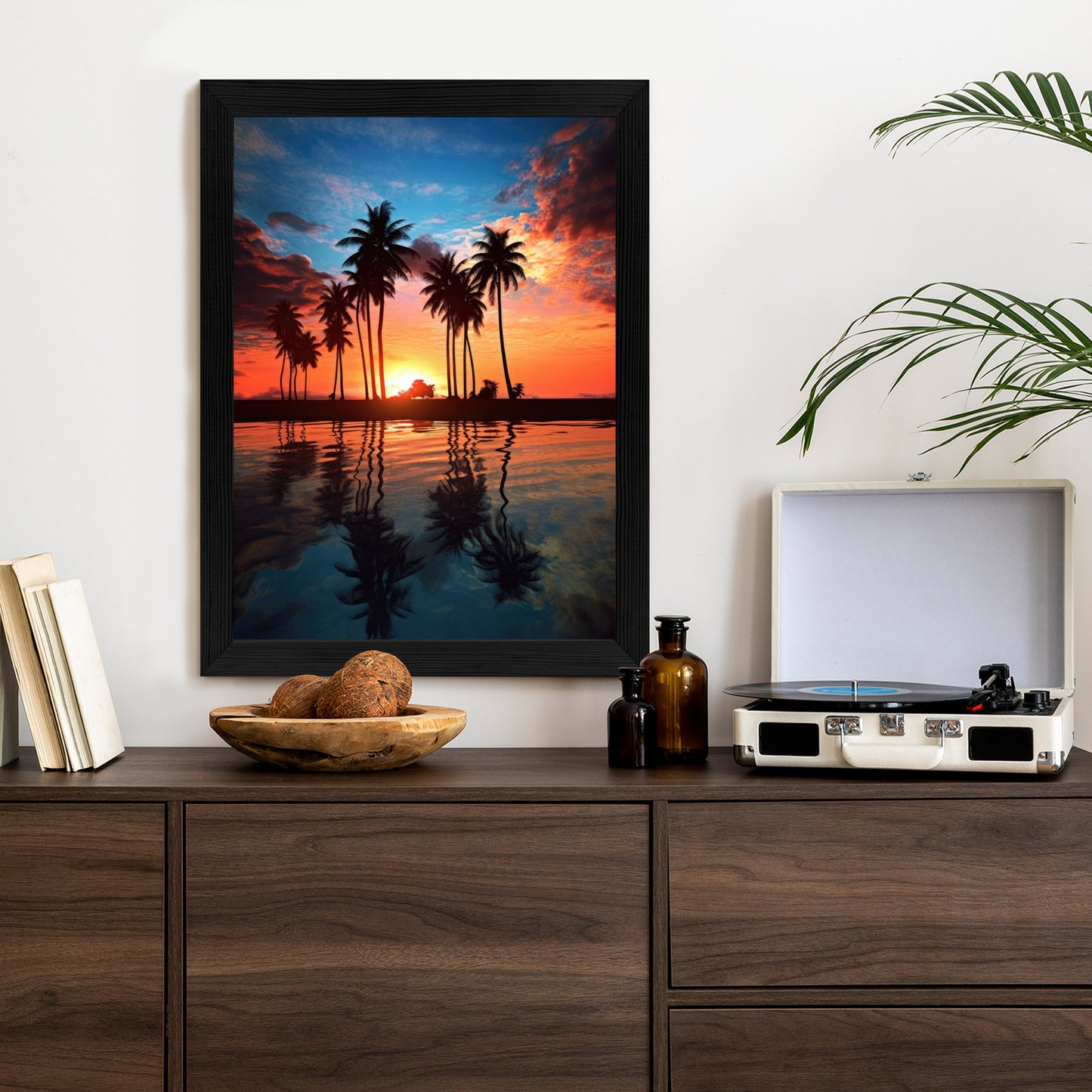 Poster Das Meer Und Die Palmen In Orange Und Marineblau