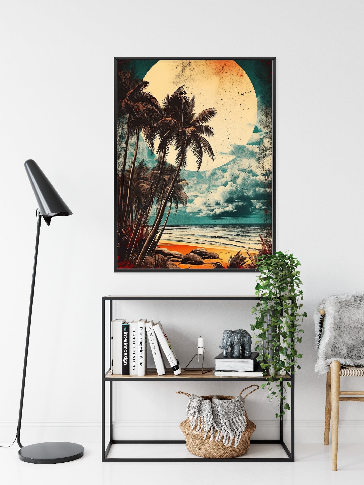 Poster Tropischer Strand Mit Sonne Und Vintage-Palmen Rahmen Holz Mit Passepartout Farbe Natürlich