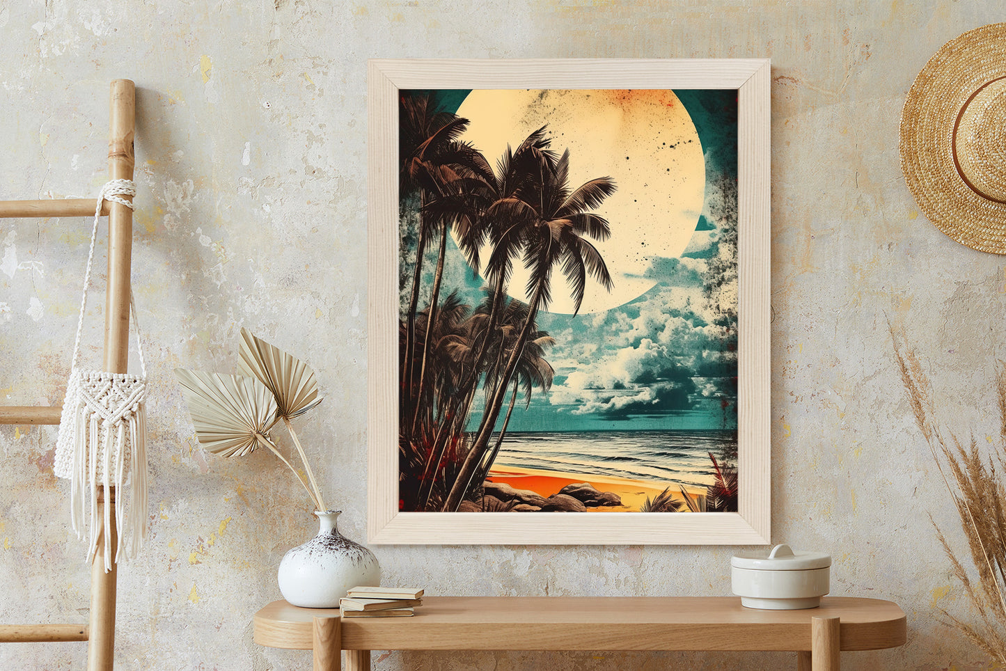 Poster Tropischer Strand Mit Sonne Und Vintage-Palmen Rahmen Holz Mit Passepartout Farbe Natürlich