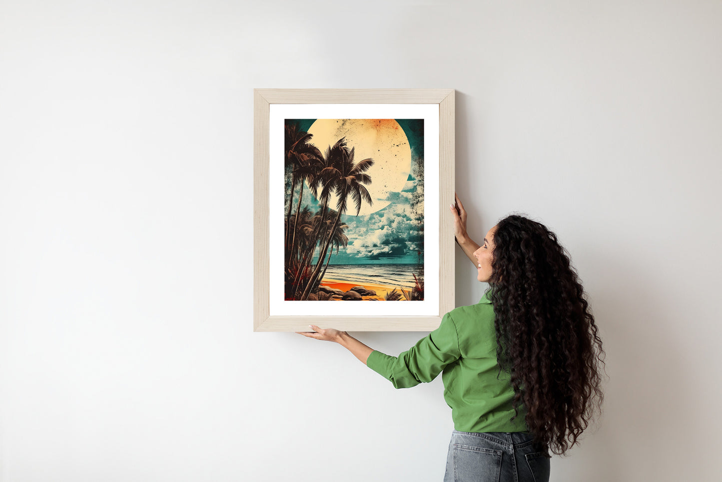 Poster Tropischer Strand Mit Sonne Und Vintage-Palmen Rahmen Holz Mit Passepartout Farbe Natürlich