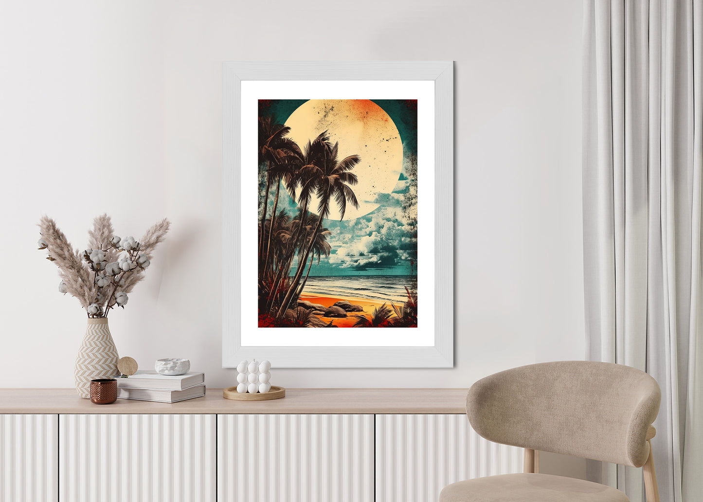 Poster Tropischer Strand Mit Sonne Und Vintage-Palmen Rahmen Holz Mit Passepartout Farbe Natürlich