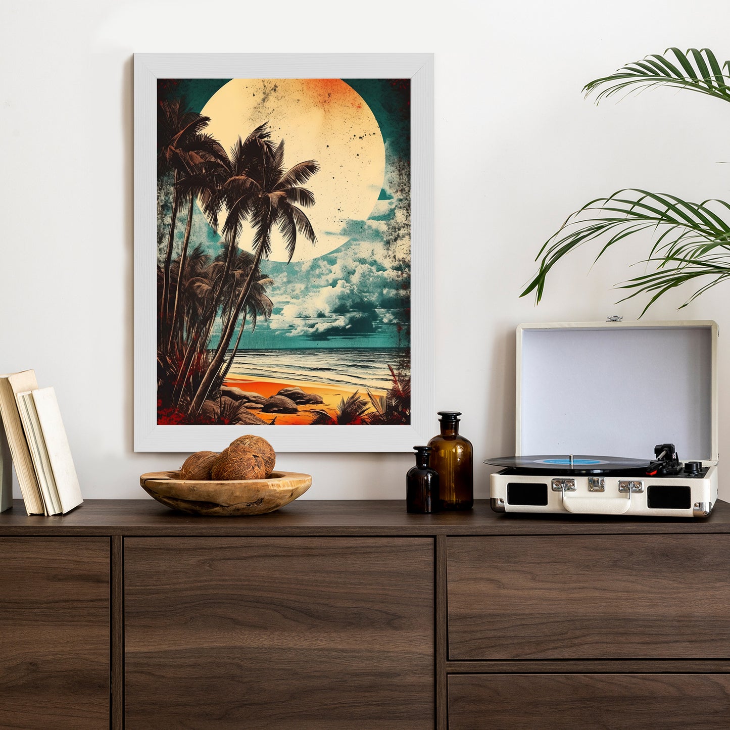 Poster Tropischer Strand Mit Sonne Und Vintage-Palmen Rahmen Holz Mit Passepartout Farbe Natürlich