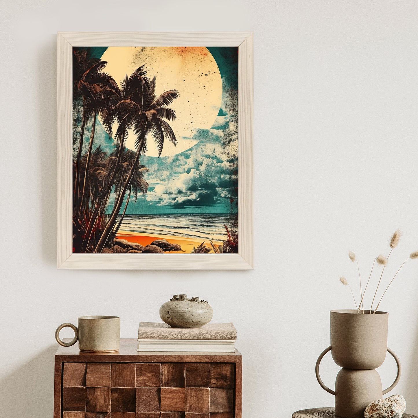 Poster Tropischer Strand Mit Sonne Und Vintage-Palmen Rahmen Holz Mit Passepartout Farbe Natürlich