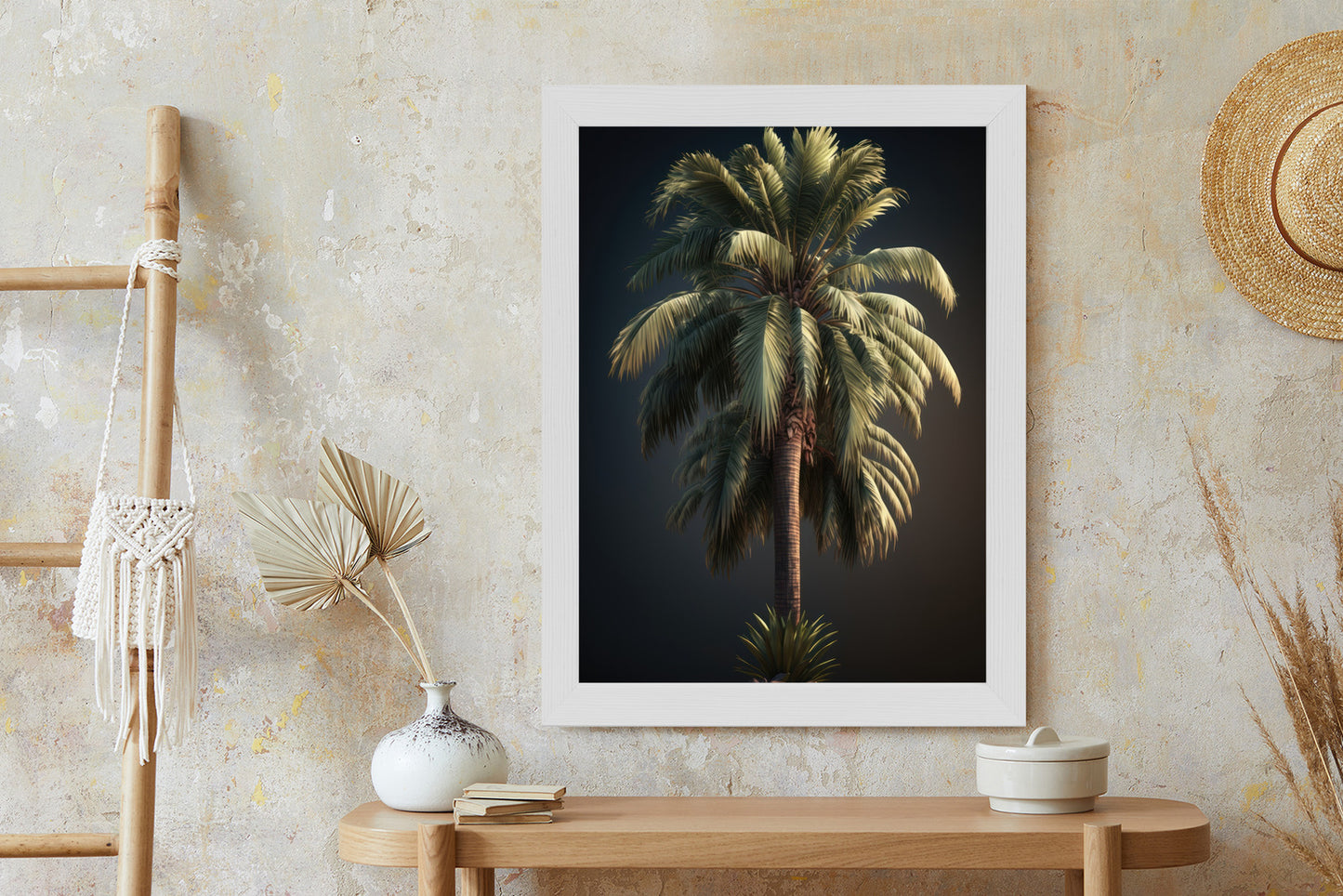 Poster Einsame Palme Auf Dunklem Hintergrund Rahmen Holz Mit Passepartout Farbe Natürlich