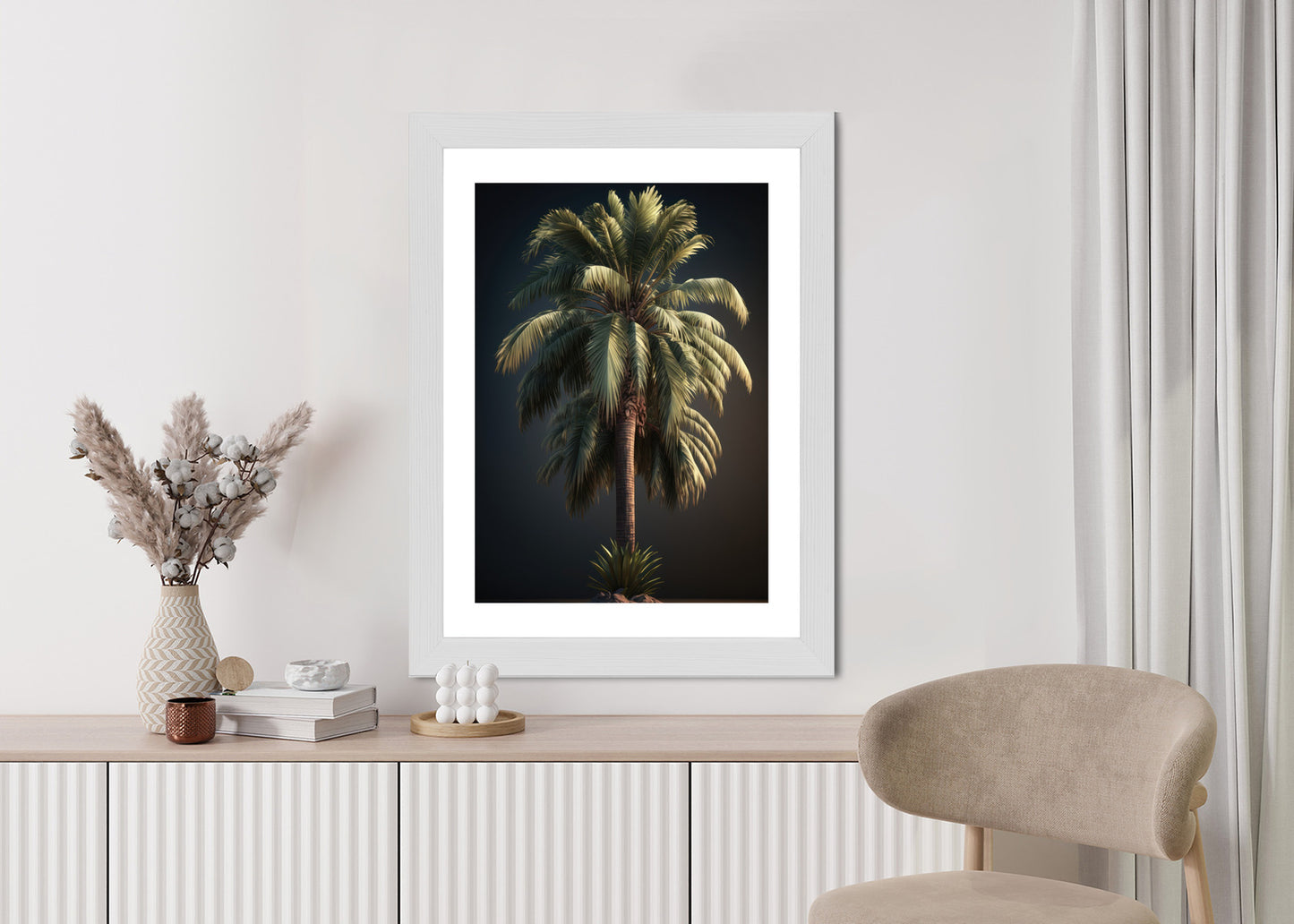 Poster Einsame Palme Auf Dunklem Hintergrund Rahmen Holz Mit Passepartout Farbe Natürlich