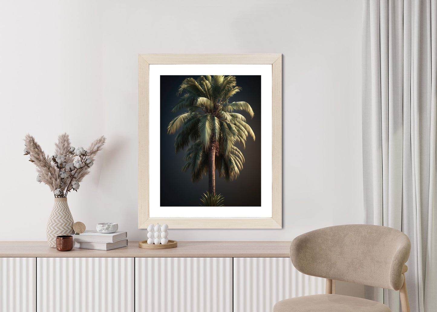 Poster Einsame Palme Auf Dunklem Hintergrund Rahmen Holz Mit Passepartout Farbe Natürlich