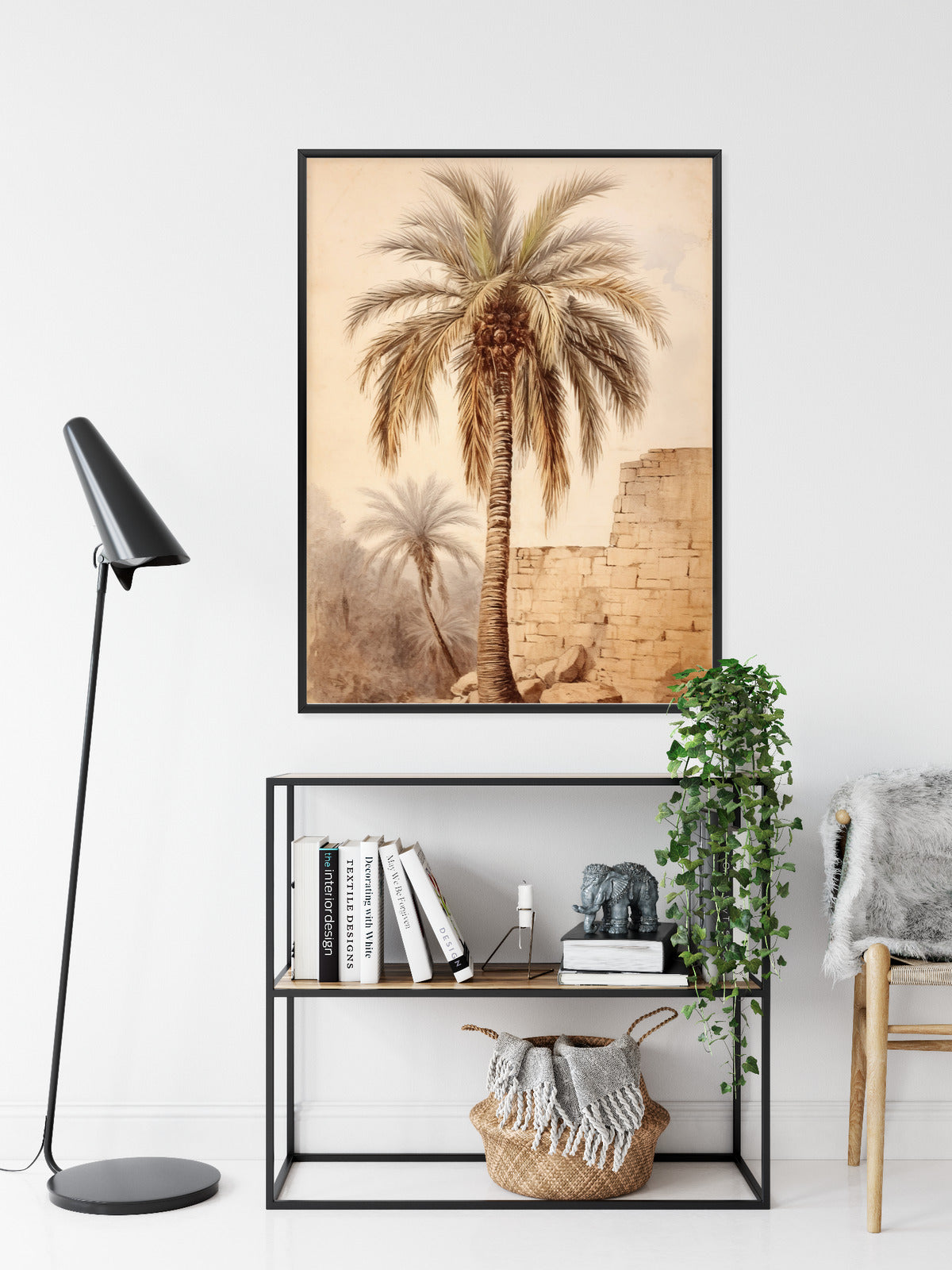 Poster Illustration Einer Palme In Der Nähe Einer Alten Mauer Rahmen Holz Mit Passepartout Farbe Natürlich