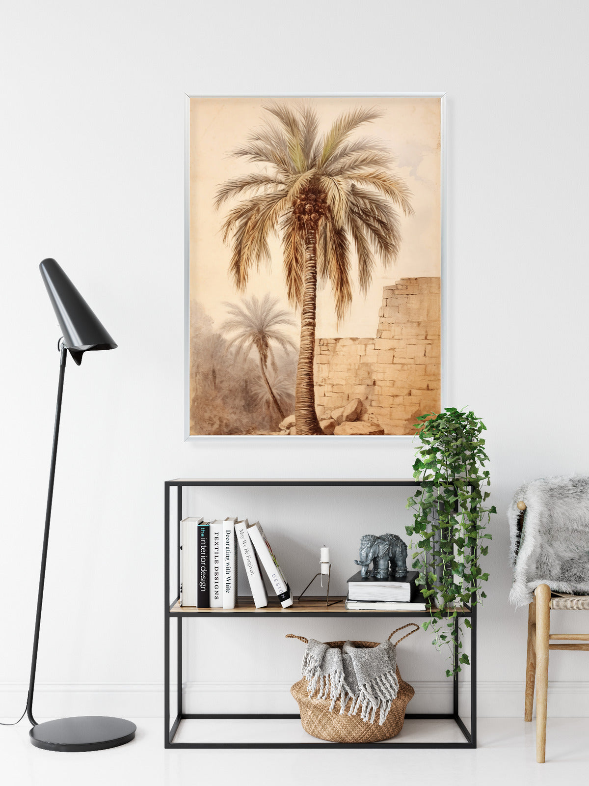 Poster Illustration Einer Palme In Der Nähe Einer Alten Mauer Rahmen Holz Mit Passepartout Farbe Natürlich